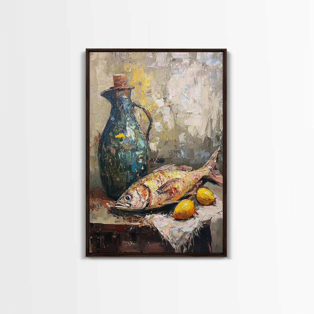 Mediterranean Fish Still Life With Lemons Framed Canvas Print, Coastal Kitchen Wall Art, Seafood Decor, Foodie Gift For Home Chefs