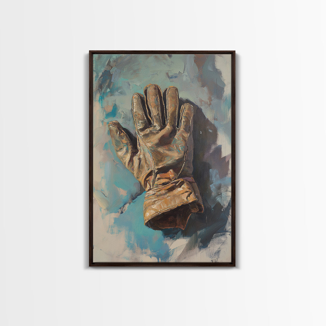 Weathered Leather Work Glove Framed Canvas Print, Rustic Masculine Wall Art, Farmhouse Office Decor, Industrial Decor, Gift For Him