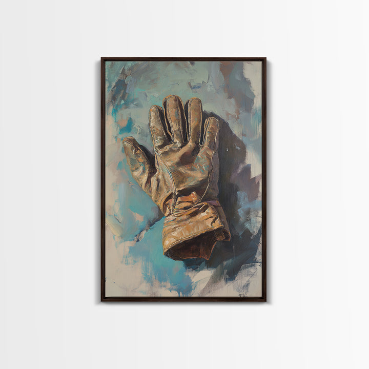 Weathered Leather Work Glove Framed Canvas Print, Rustic Masculine Wall Art, Farmhouse Office Decor, Industrial Decor, Gift For Him