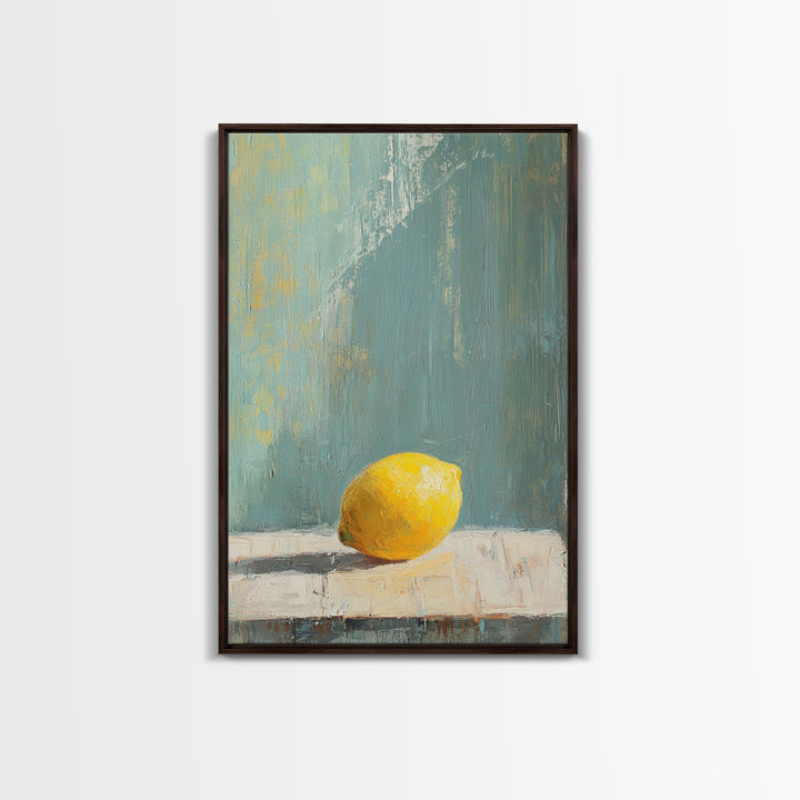 Single Yellow Lemon Still Life Wall Art, Minimalist Kitchen Decor, Neutral Canvas Wall Art, Rustic Farmhouse Art Print Gift