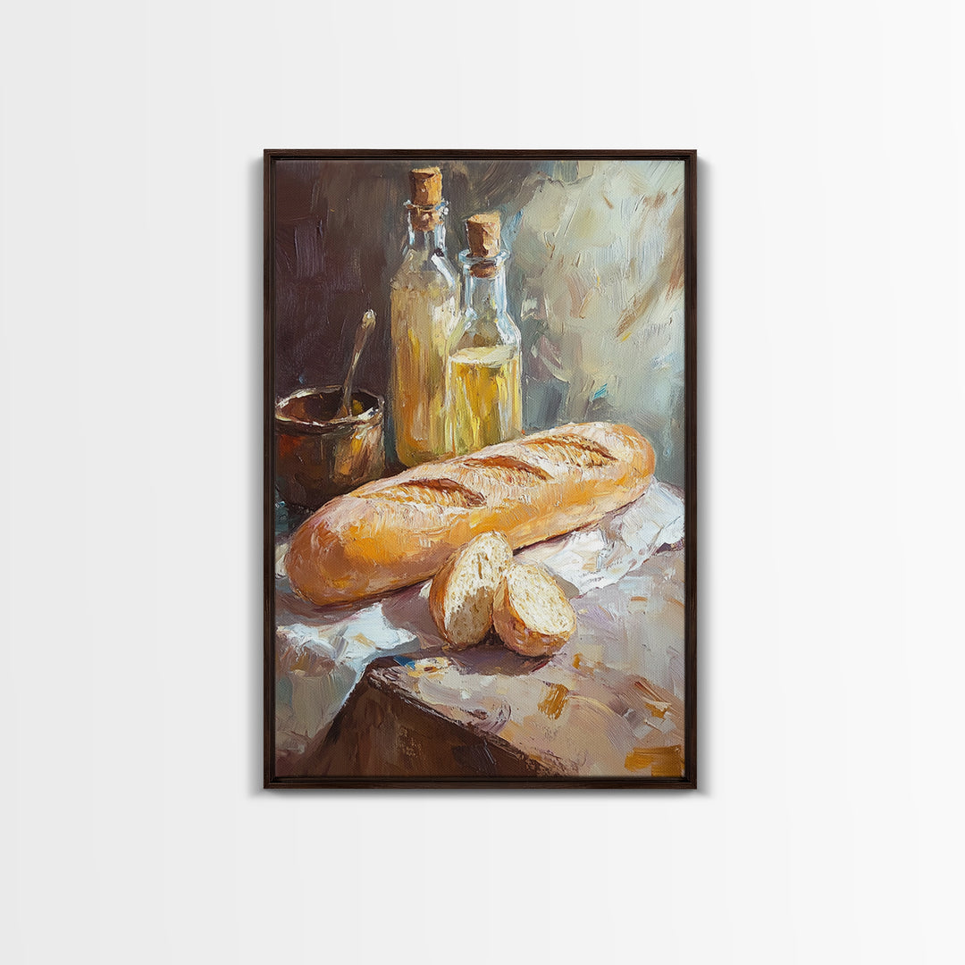 Rustic Baguette And Olive Oil Still Life Canvas Print, French Kitchen Wall Art, Bakery Decor, Food Lover Housewarming Gift