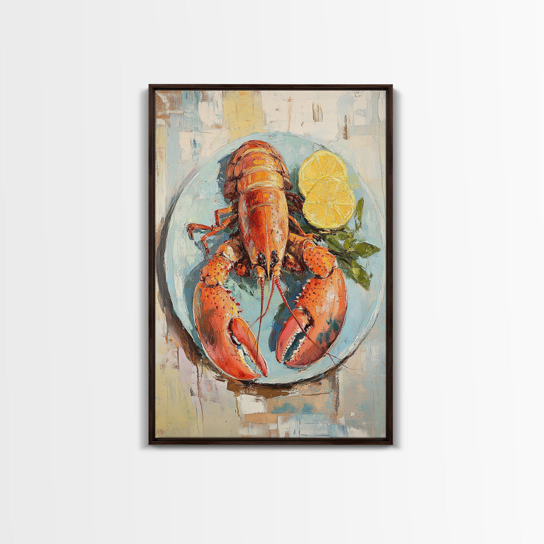 Red Lobster With Lemon Seafood Wall Art, Coastal Kitchen Decor, Nautical Canvas Print, Beach House Decor Gift For Food Lover