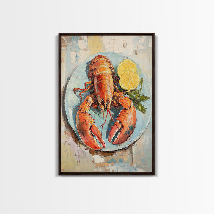 Red Lobster With Lemon Seafood Wall Art, Coastal Kitchen Decor, Nautical Canvas Print, Beach House Decor Gift For Food Lover