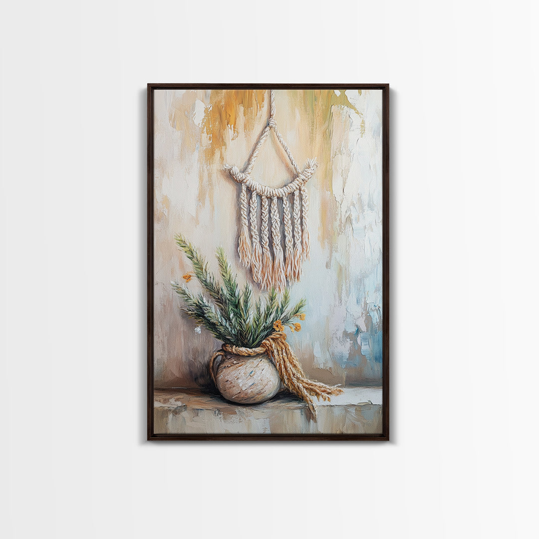 Macrame Hanging With Potted Greenery Wall Art, Boho Wall Decor, Neutral Rustic Home Decor, Wabi Sabi Housewarming Gift For Her
