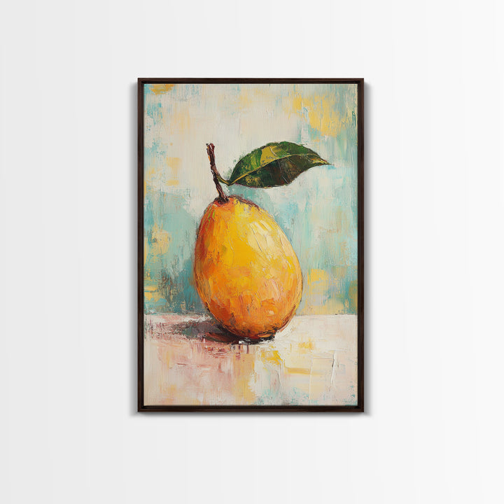 Golden Pear With Green Leaf Wall Art, Textured Fruit Still Life Oil Painting, Kitchen Wall Art, Farmhouse Home Decor, Dining Room Print