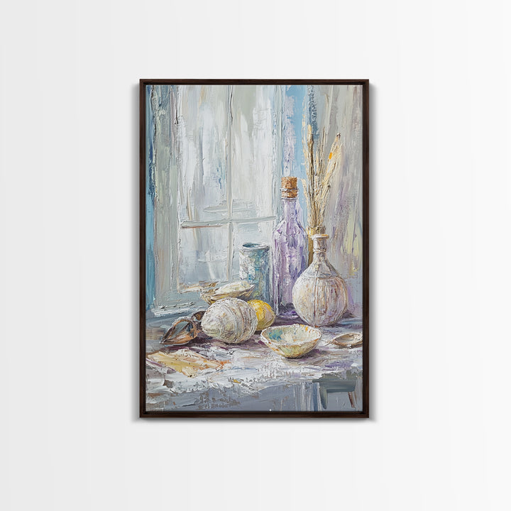 Seashells And Purple Bottle By Window Wall Art, Coastal Still Life Oil Painting, Beach House Decor, Neutral Wall Decor, Bathroom Art