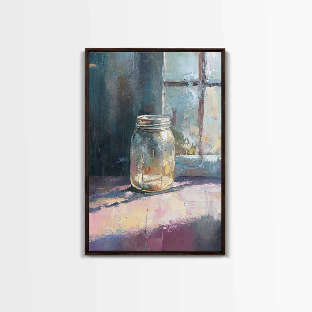 Sunlit Mason Jar On Windowsill Canvas Print, Minimalist Still Life Oil Painting, Rustic Kitchen Decor, Farmhouse Wall Art