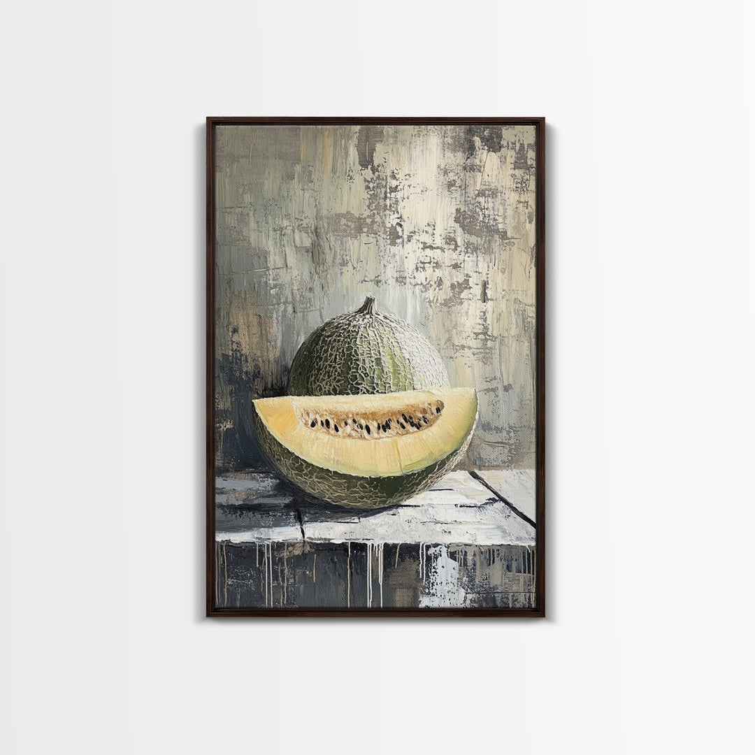 Cantaloupe Melon Still Life Wall Art, Rustic Kitchen Decor, Fruit Painting Print, Farmhouse Dining Room Art For Home Decor