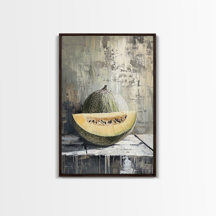 Cantaloupe Melon Still Life Wall Art, Rustic Kitchen Decor, Fruit Painting Print, Farmhouse Dining Room Art For Home Decor