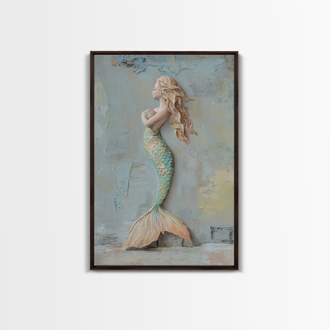 Textured Mermaid Figure Wall Art, Coastal Fantasy Decor, Nautical Canvas Print, Whimsical Ocean Art, Beach House Decor Gift