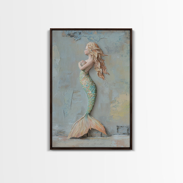 Textured Mermaid Figure Wall Art, Coastal Fantasy Decor, Nautical Canvas Print, Whimsical Ocean Art, Beach House Decor Gift