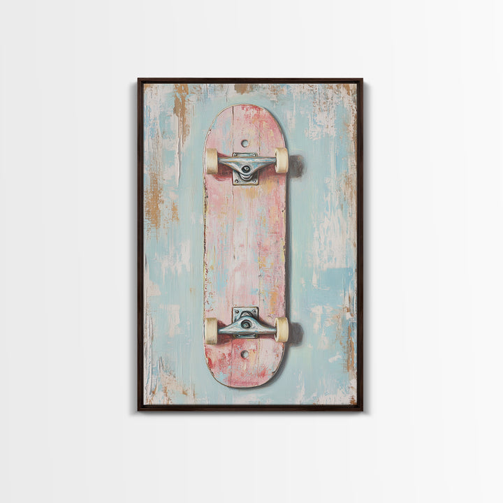 Pastel Pink Skateboard On Distressed Blue Wall Art, Retro Sport Decor, Skater Gift, Trendy Canvas Print For Kids Room Decor