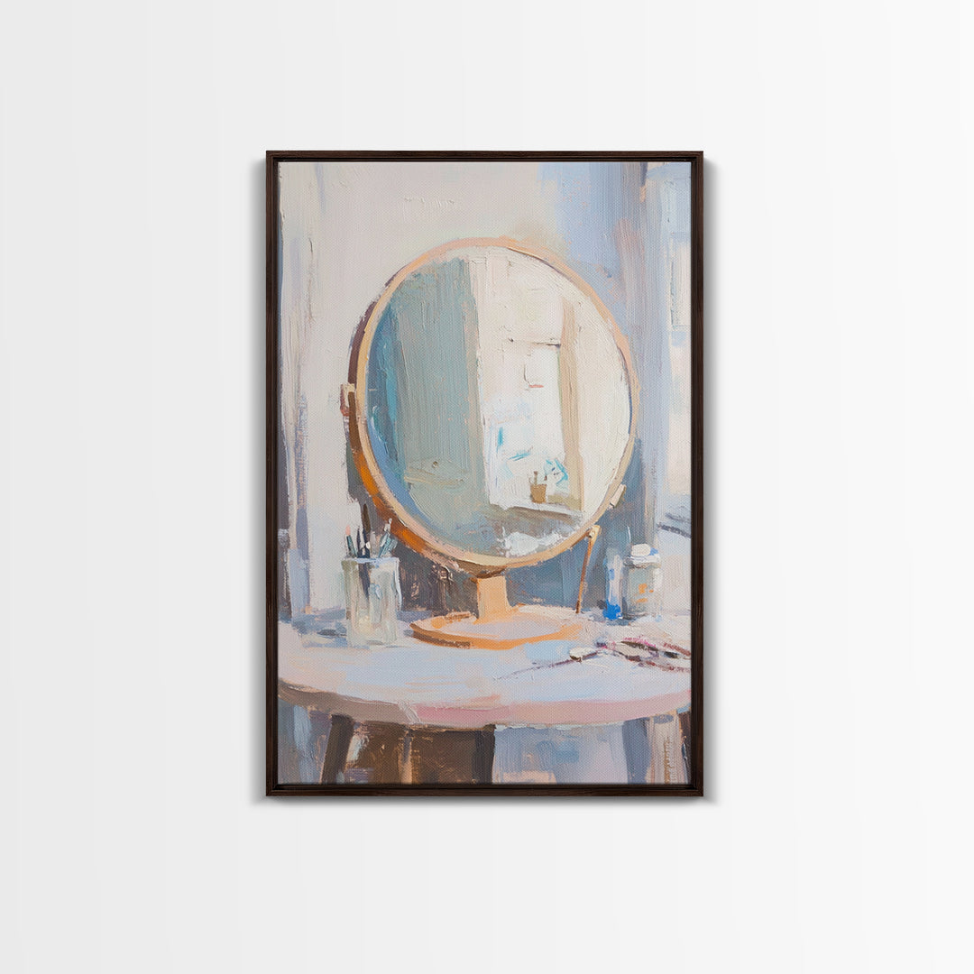 Soft Sunlit Vanity Mirror Still Life Wall Art, Feminine Bedroom Decor, Beauty Room Art, Neutral Framed Canvas Print For Modern Home Decor