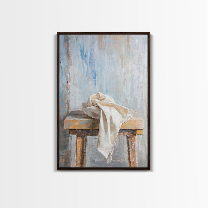 Weathered Wooden Stool With Linen Cloth Canvas Print, Minimalist Rustic Wall Art, Neutral Farmhouse Decor For Bedroom And Living Room