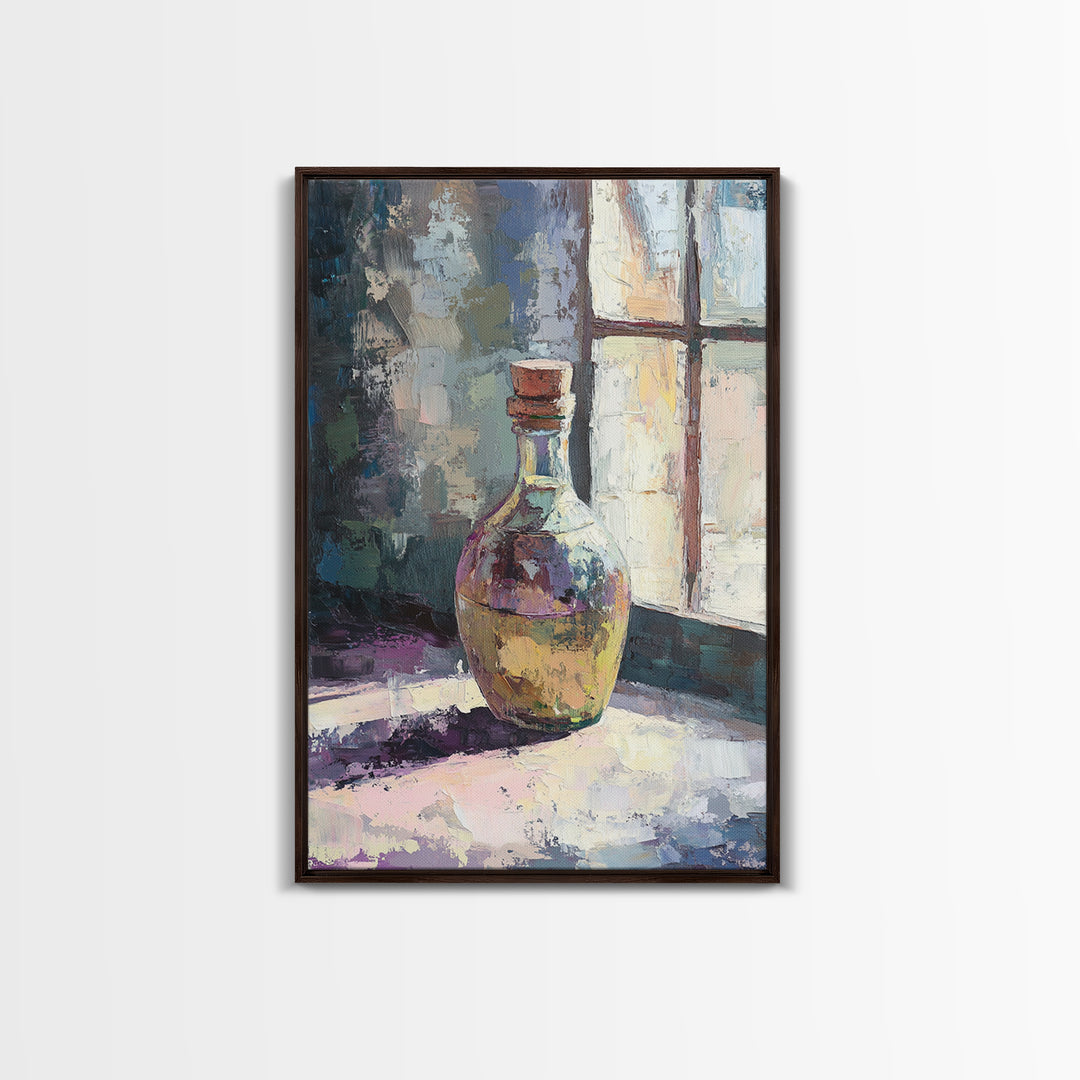 Sunlit Glass Bottle By Window Wall Art, Moody Still Life Painting, Rustic Kitchen Decor, Contemporary Canvas Print For Home