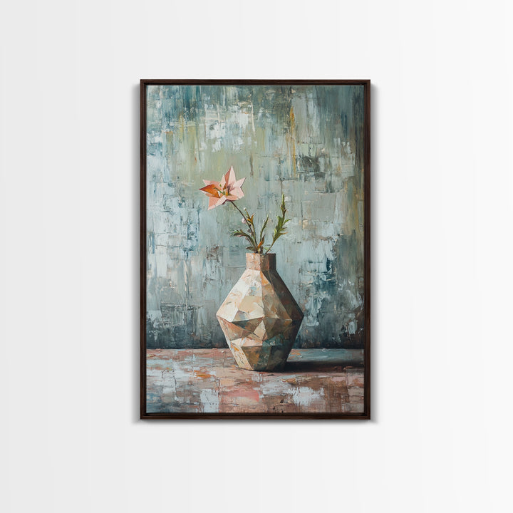 Single Pink Flower In Geometric Vase Canvas Print, Textured Still Life Wall Art For Kitchen Decor And Modern Home Decor Gift