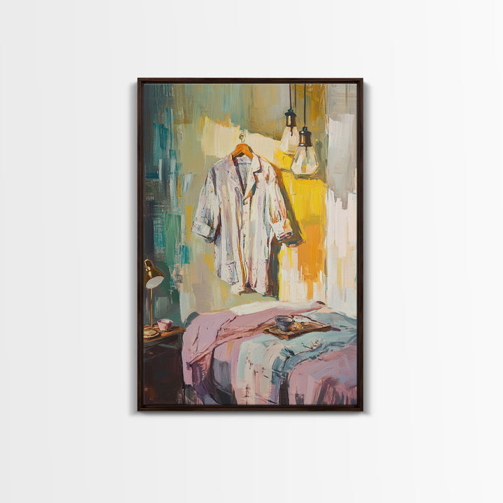 Cozy Bedroom With Hanging Shirt Canvas Print, Warm Guest Room Wall Art, Airbnb Wall Decor And Modern Farmhouse Decor Gift
