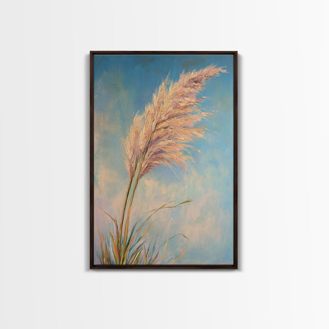 Pink Pampas Grass Against Blue Sky Framed Canvas Print, Coastal Botanical Wall Art For Boho Bedroom Decor And Nature Gift