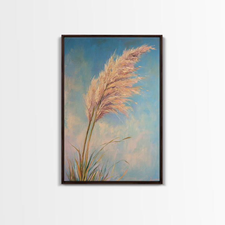 Pink Pampas Grass Against Blue Sky Framed Canvas Print, Coastal Botanical Wall Art For Boho Bedroom Decor And Nature Gift