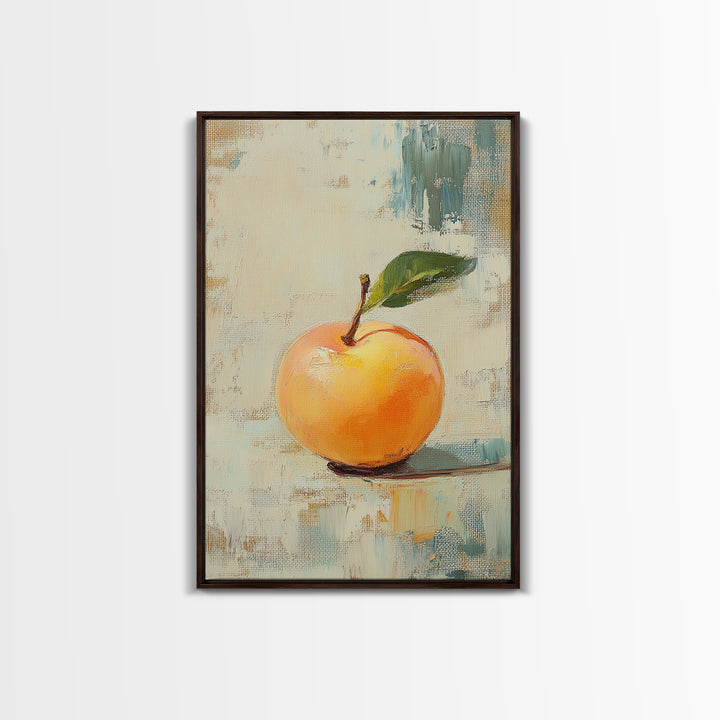 Golden Apple With Green Leaf Canvas Print, Minimal Fruit Still Life Wall Art For Kitchen Decor And Modern Farmhouse Wall Decor
