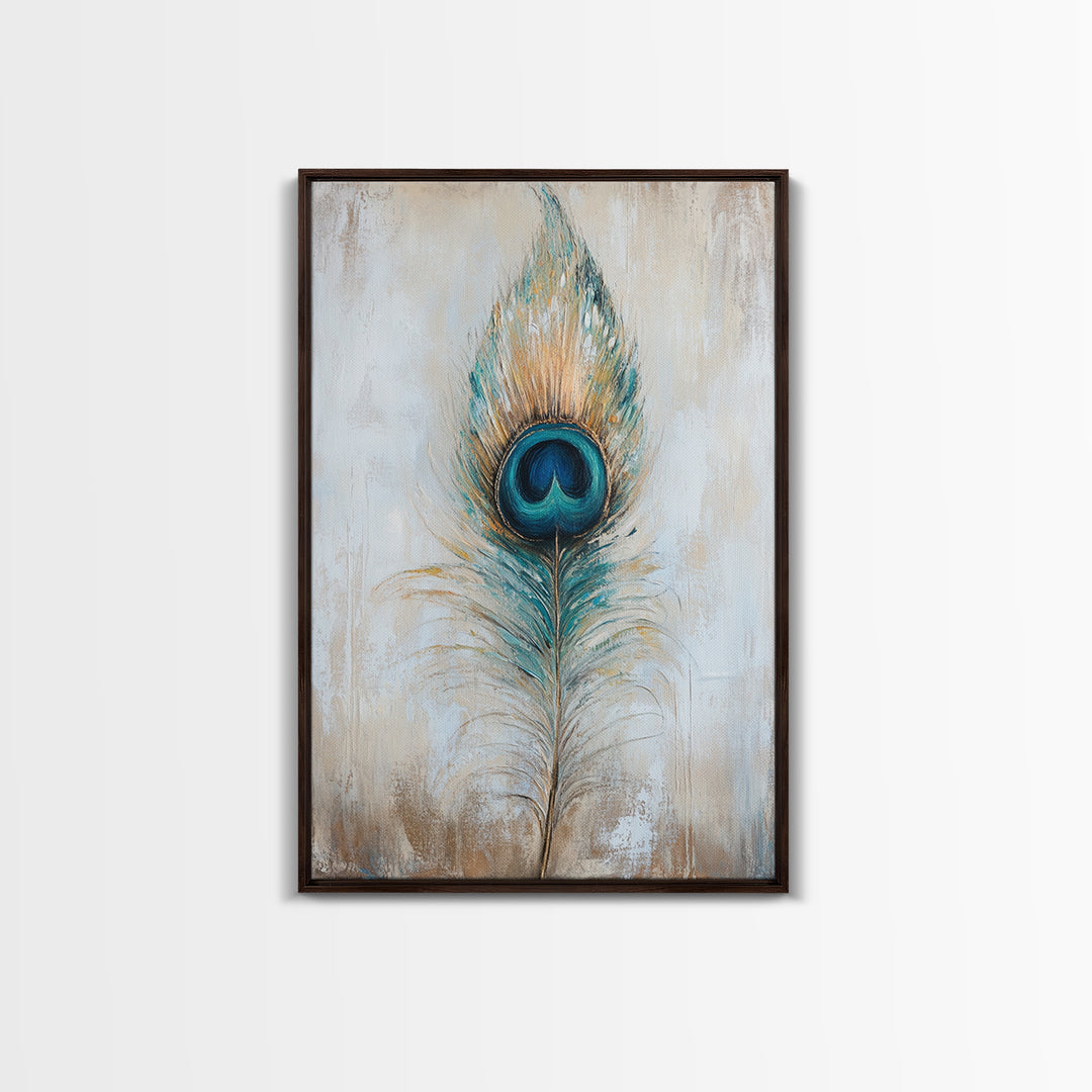 Blue Peacock Feather Wall Art, Boho Bird Feather Canvas Wall Decor, Teal Gold Nature Print, Neutral Living Room Decor, Home Decor