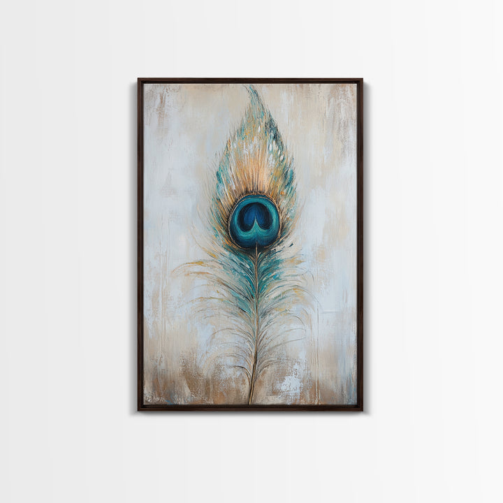 Blue Peacock Feather Wall Art, Boho Bird Feather Canvas Wall Decor, Teal Gold Nature Print, Neutral Living Room Decor, Home Decor