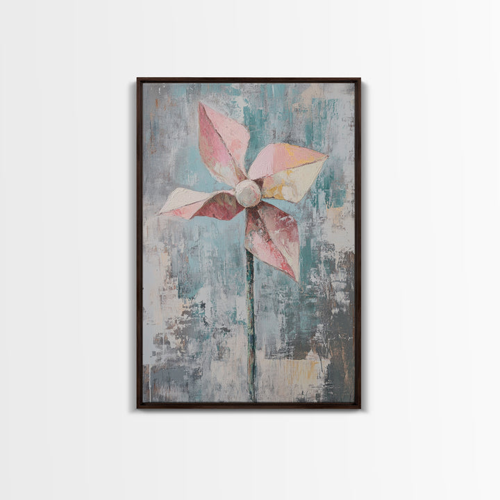 Pink Paper Pinwheel Minimalist Canvas Print, Whimsical Nursery Wall Art, Soft Pastel Playroom Decor Gift For Kids Room Home Decor