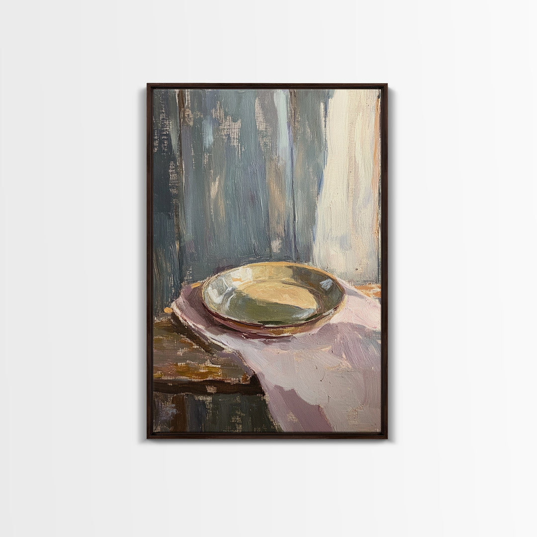 Shallow Ceramic Bowl On Linen Framed Canvas Print, Minimalist Kitchen Wall Art, Neutral Home Decor, Moody Still Life Painting