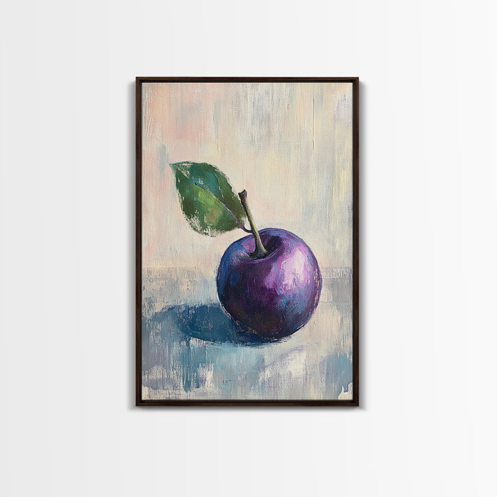 Purple Plum With Green Leaf Canvas Print, Still Life Fruit Art For Kitchen Wall Art, Rustic Farmhouse Home Decor Gift For Her