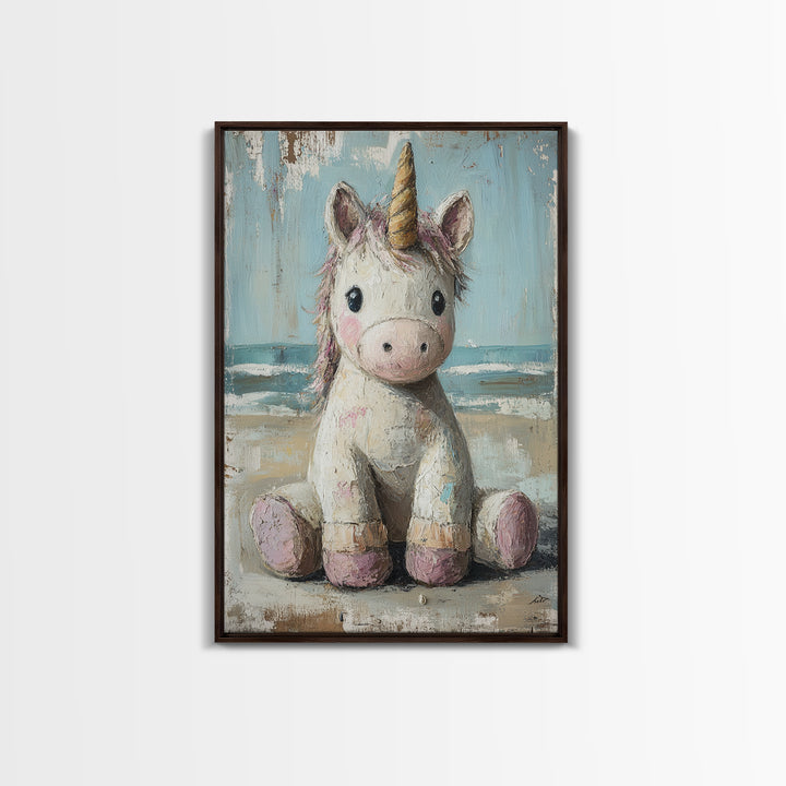 Cute Sitting Unicorn Nursery Wall Art, Whimsical Animal Canvas Print, Girls Room Decor, Magical Baby Shower Gift For Her
