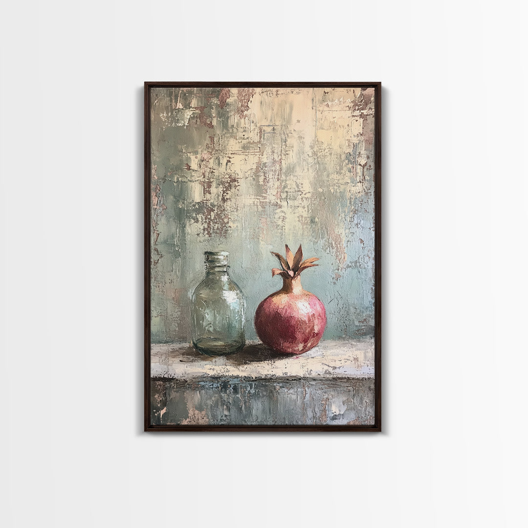 Pomegranate And Glass Bottle Still Life Wall Art, Rustic Fruit Canvas Print, Neutral Kitchen Decor, Housewarming Gift For Her