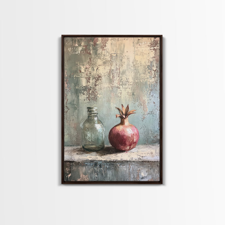 Pomegranate And Glass Bottle Still Life Wall Art, Rustic Fruit Canvas Print, Neutral Kitchen Decor, Housewarming Gift For Her