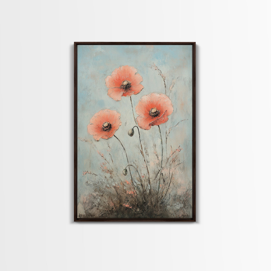 Coral Poppy Flowers On Blue Background Wall Art, Botanical Canvas Print, Floral Wall Decor For Bedroom Home Decor Gift For Her