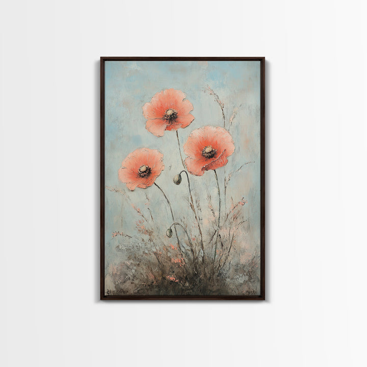 Coral Poppy Flowers On Blue Background Wall Art, Botanical Canvas Print, Floral Wall Decor For Bedroom Home Decor Gift For Her