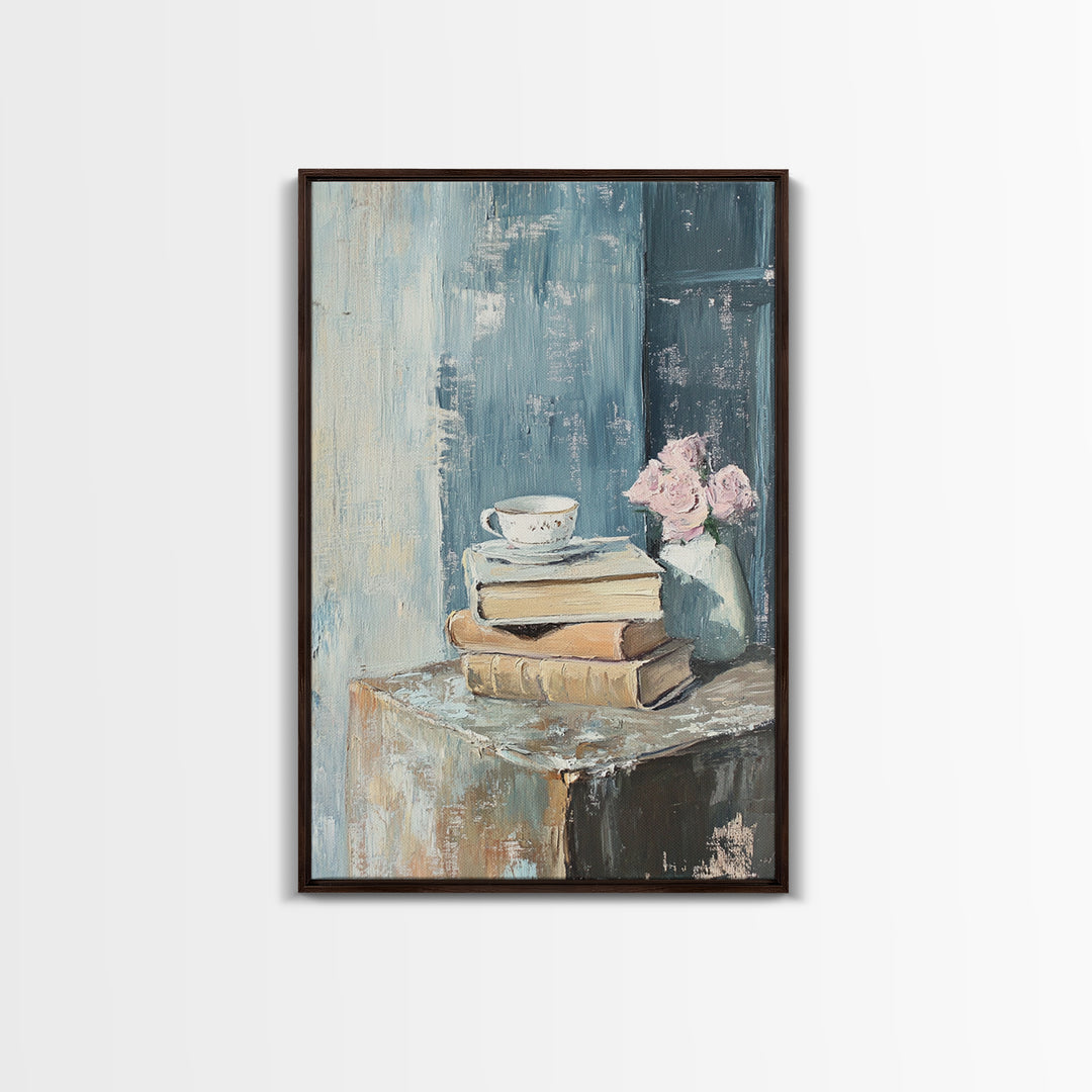 Stacked Books With Teacup And Pink Flowers Canvas Print, Cozy Reading Nook Wall Art, Library Home Decor Gift For Her