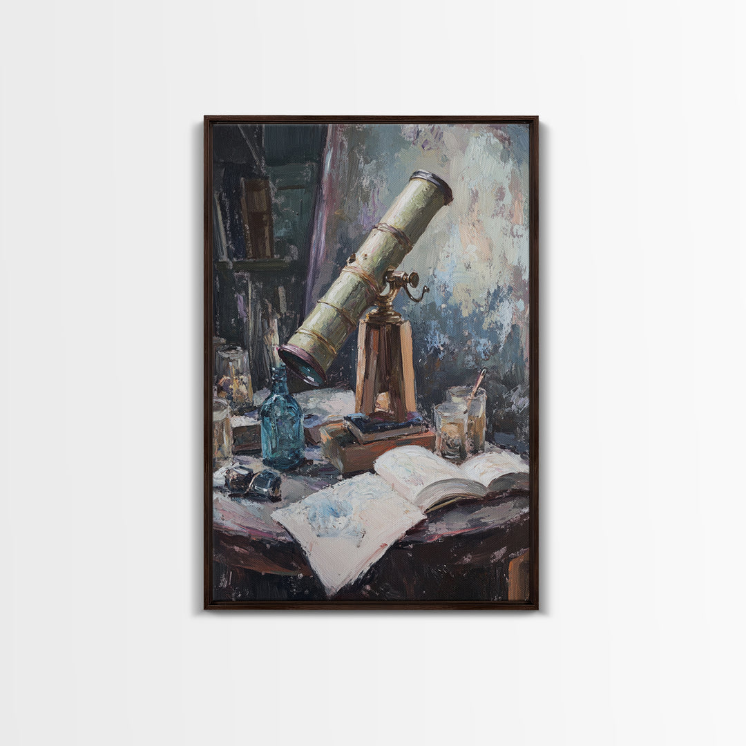 Antique Telescope Books And Open Journal Wall Art, Dark Academia Canvas Print, Astronomy Library Office Decor Gift For Him