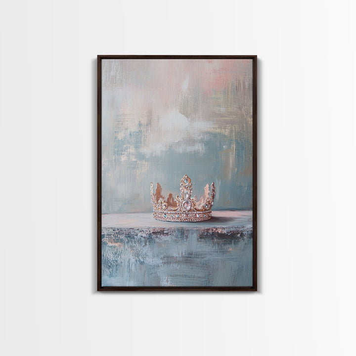 Jeweled Princess Crown Still Life Framed Canvas Print, Luxury Feminine Wall Art, Glam Bedroom Decor, Romantic Gift For Her