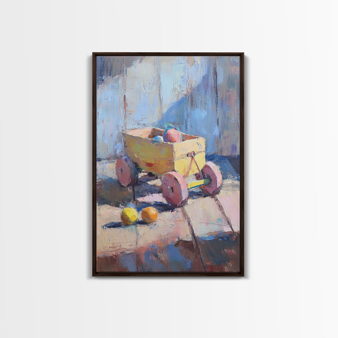Yellow Toy Wagon With Fruit Still Life Canvas Print, Colorful Whimsical Wall Art, Kids Room Decor, Playroom Nursery Art Gift