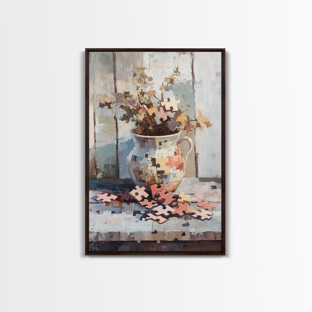 Puzzle Piece Bouquet In Ceramic Pitcher Canvas Print, Whimsical Wall Art, Unique Home Decor, Gallery Wall Art Gift For Her