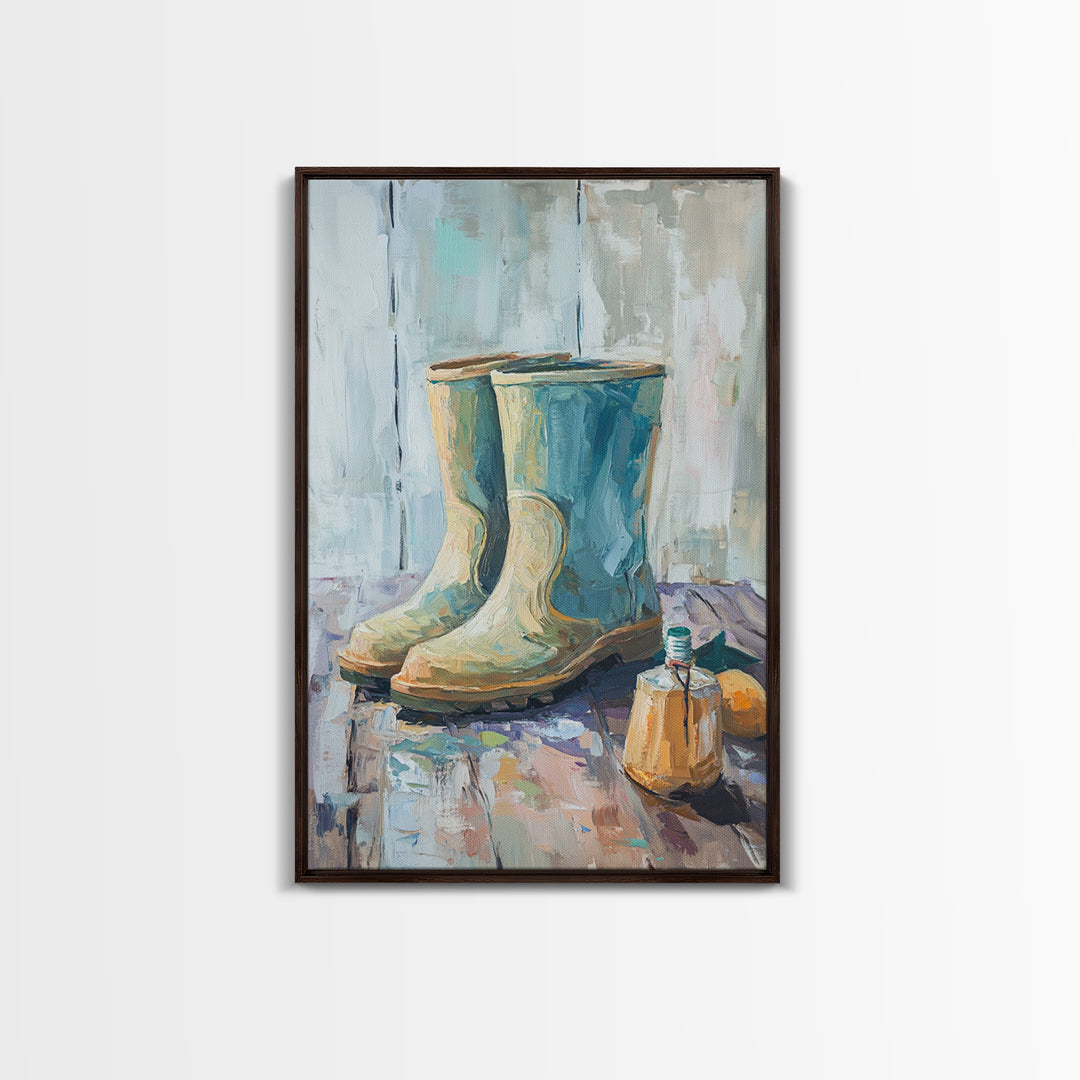 Blue Rain Boots And Small Jug Wall Art, Rustic Farmhouse Canvas Print, Country Home Decor, Mudroom Entryway Decor Gift For Her