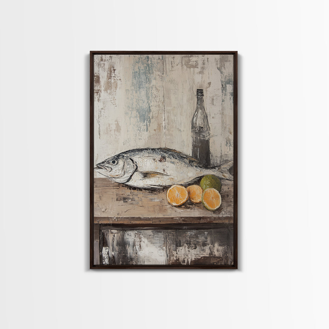 Fresh Fish With Citrus And Bottle Wall Art, Coastal Kitchen Canvas Print, Seafood Still Life, Rustic Dining Room Decor, Gift
