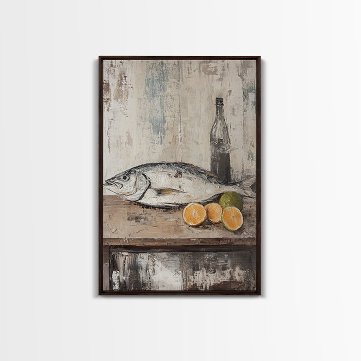 Fresh Fish With Citrus And Bottle Wall Art, Coastal Kitchen Canvas Print, Seafood Still Life, Rustic Dining Room Decor, Gift