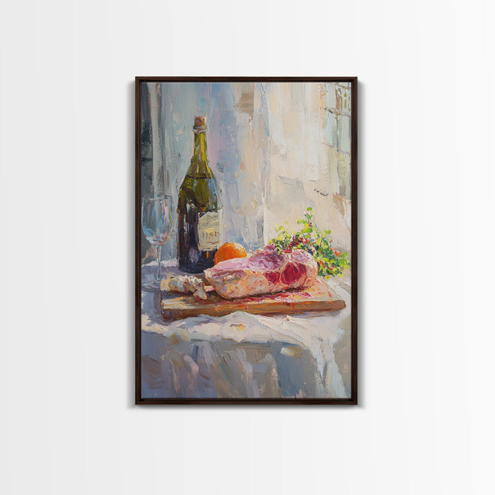 Wine Bottle And Steak Still Life Wall Art, French Kitchen Canvas Print, Dining Room Decor, Food Lover Gift, Rustic Home Decor