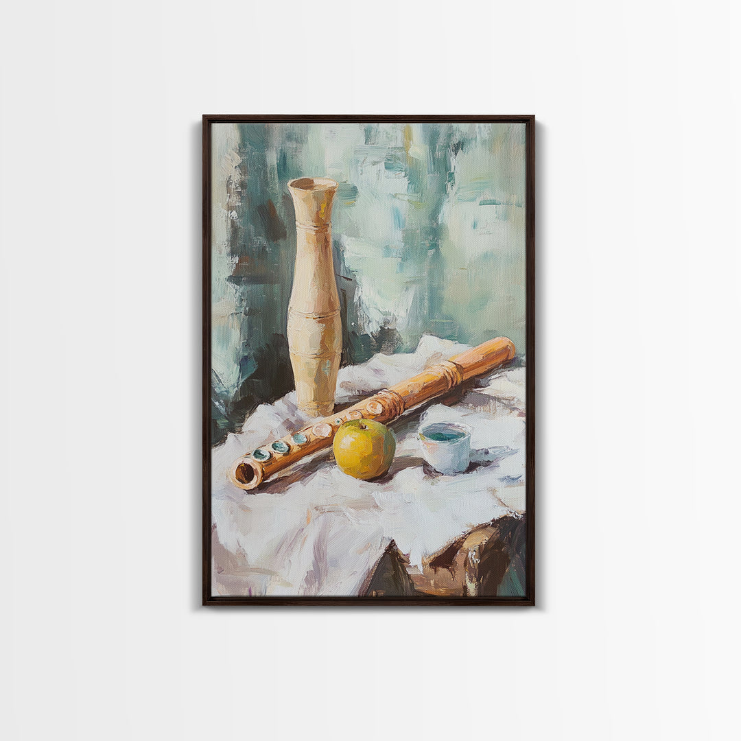 Wooden Flute Vase And Lemon Still Life Wall Art, Music Room Canvas Print, Boho Kitchen Decor, Rustic Instrument Art Gift