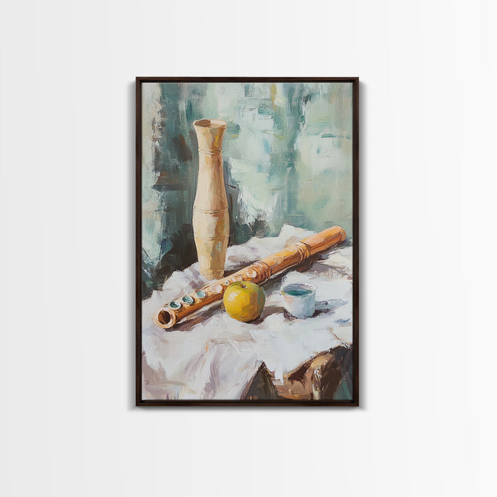 Wooden Flute Vase And Lemon Still Life Wall Art, Music Room Canvas Print, Boho Kitchen Decor, Rustic Instrument Art Gift