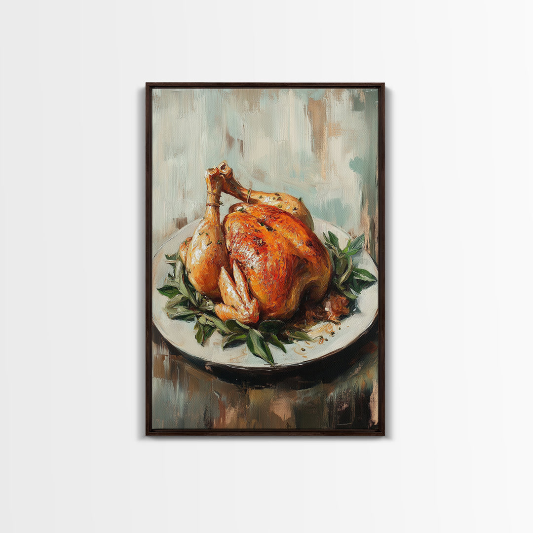 Roast Chicken With Herbs On Platter Wall Art, Rustic Kitchen Canvas Print, Farmhouse Dining Room Decor, Foodie Gift For Chef