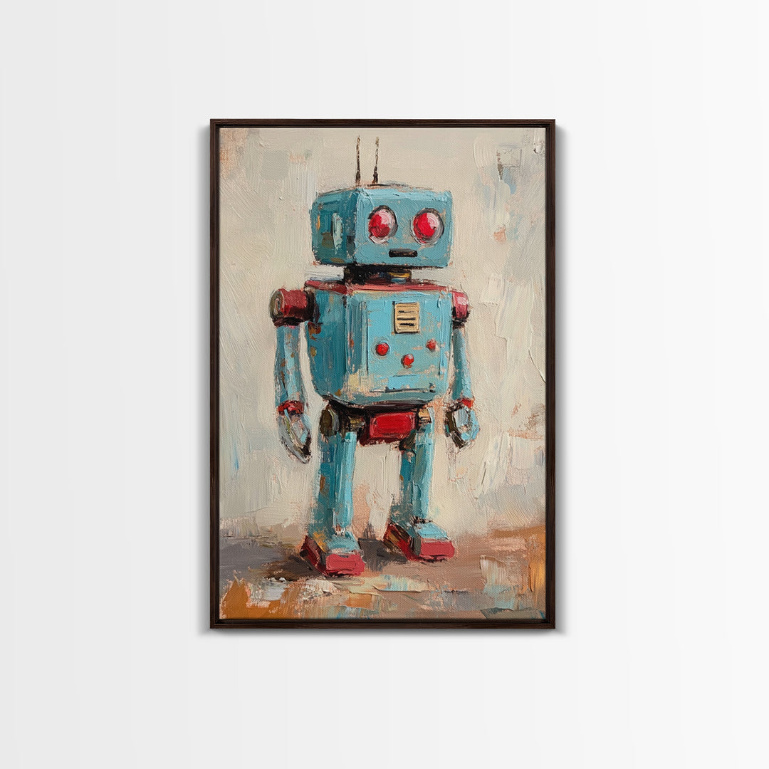 Whimsical Blue Toy Robot Oil Painting, Canvas Print For Kids Room Decor, Robot Wall Art, Sci Fi Nursery Art Gift, Modern Home Decor