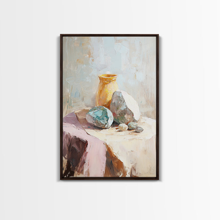 Neutral Stone And Amber Vase Still Life, Canvas Print For Minimalist Wall Art, Wabi Sabi Decor, Modern Home Decor, Fine Art Print