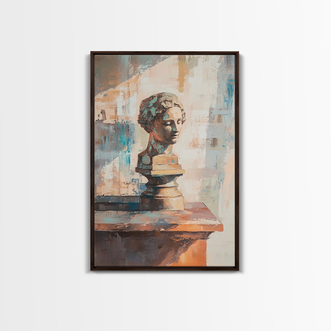Classical Bust Sculpture On Wooden Shelf Painting, Canvas Print For Dark Academia Wall Art, Office Decor, Art History Gift