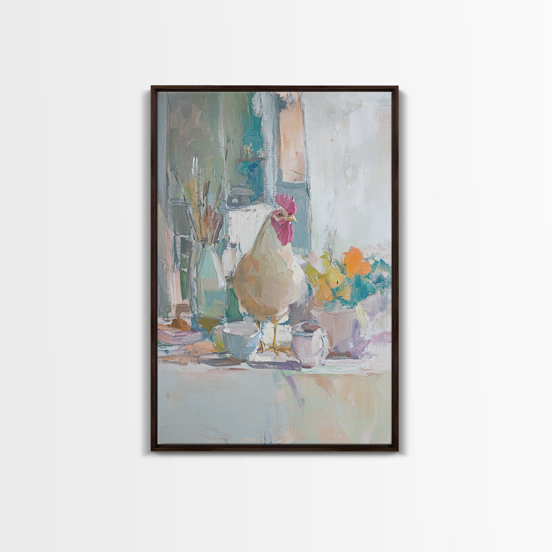 Charming Rooster On Kitchen Counter Painting, Canvas Print For Farmhouse Kitchen Wall Art, Rustic Country Decor, Chef Gift